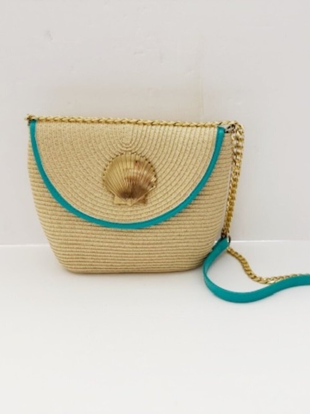 Woven Paper Straw Crossbody / Clutch Purse w/ Gold Emblem & Turquoise Trim
